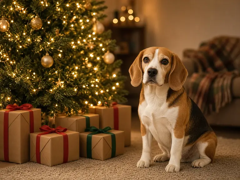 A beagle sitting beside a lit Christmas tree and kraft-paper wrapped gifts