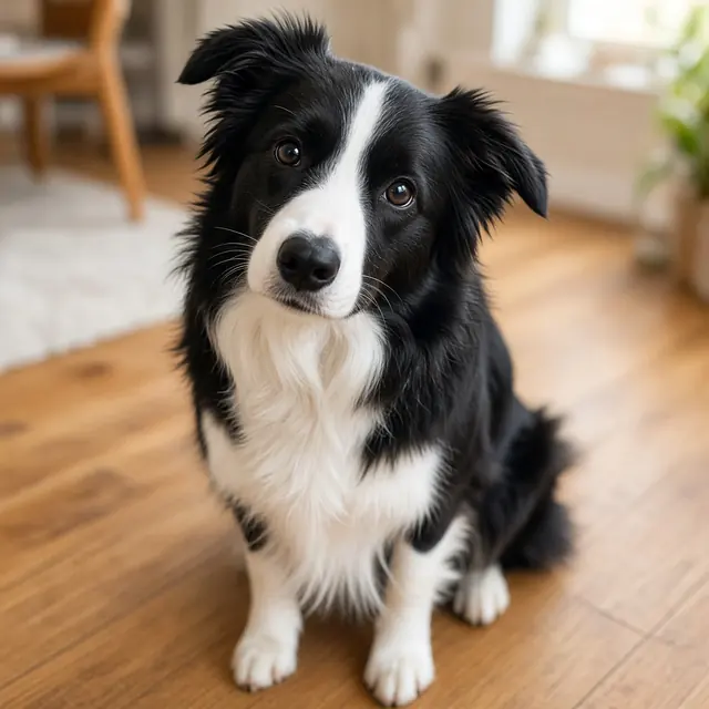 A curious black and white border collie tilting its head