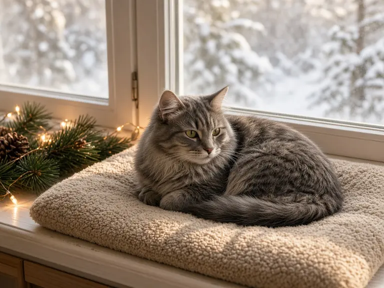 A grey tabby cat curled up on a windowsill cushion with holiday lights and snow outside