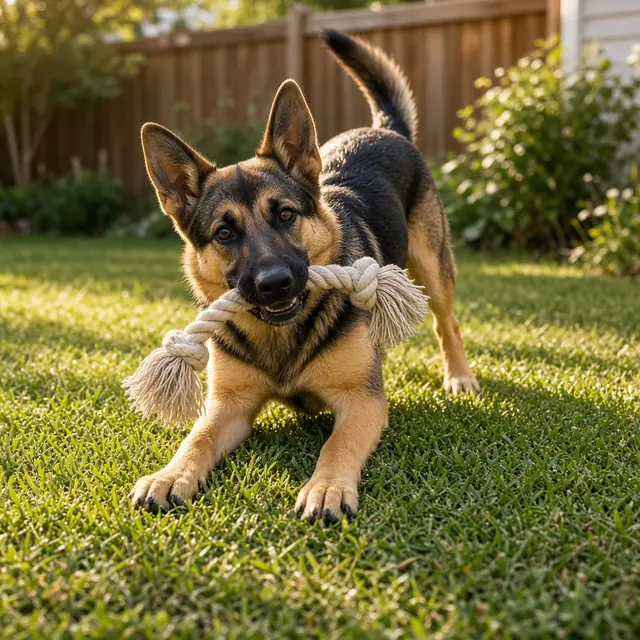 A young German shepherd mix playing with a rope toy on the lawn