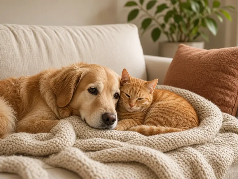 A golden retriever-type dog and an orange tabby cat snuggled together on a cream knit blanket