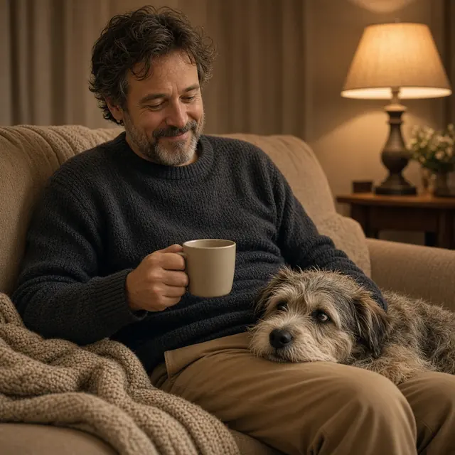 A man holding a mug of tea on the sofa while his scruffy terrier rests on his lap