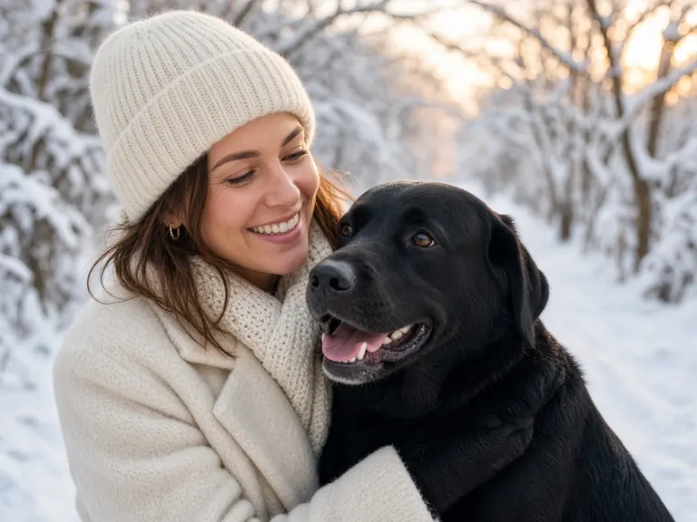 A smiling woman in a winter coat hugging a black Labrador on a snowy path