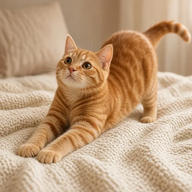 An orange tabby cat stretching on a cream knit blanket