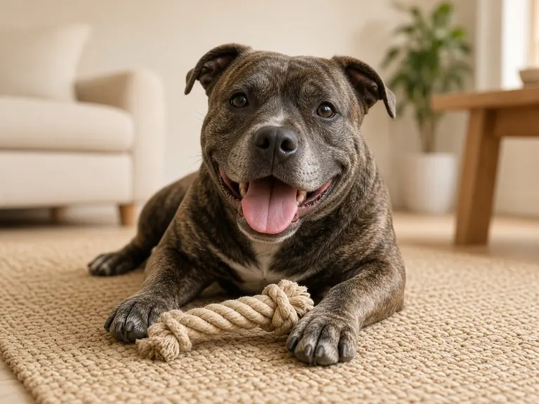 A happy brindle pit bull mix lying on a woven rug next to a plain rope toy